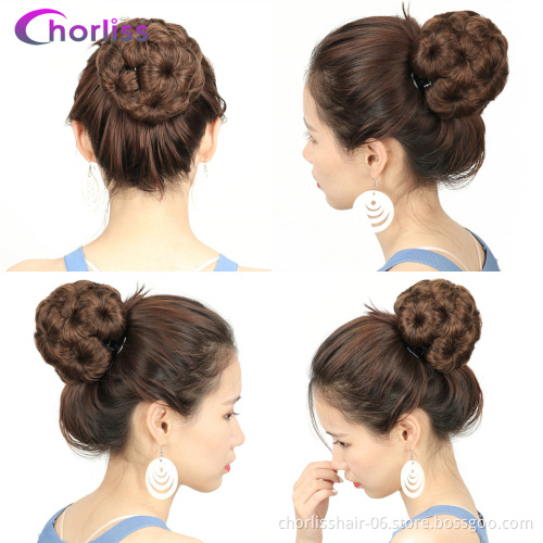Wholesale Cheap marriage Bun Flower Shape Hairpiece Heat Resistant Synthetic Bun clip in Hair chignon Extension For Women